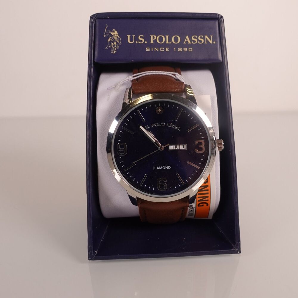 U.S. Polo Assn. Men's Watch Analog Quartz Day Date Blue Dial Brown Leather Band
